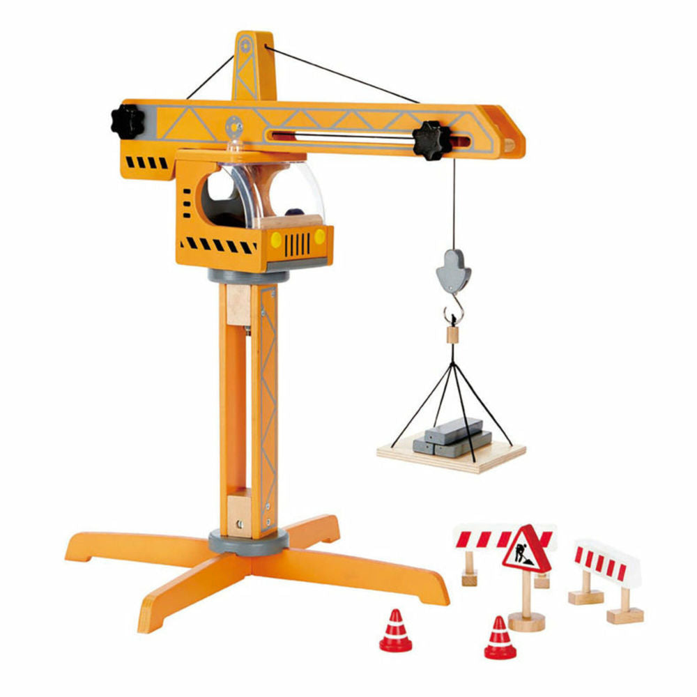 Hape Playscapes Crane Lift Playset - Yellow, Wooden Construction Toy for Kids Ages 3+