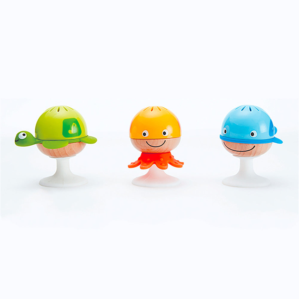 Hape Stay-Put Rattle Set - 3 Pc Colorful Sea Animal Suction Toys