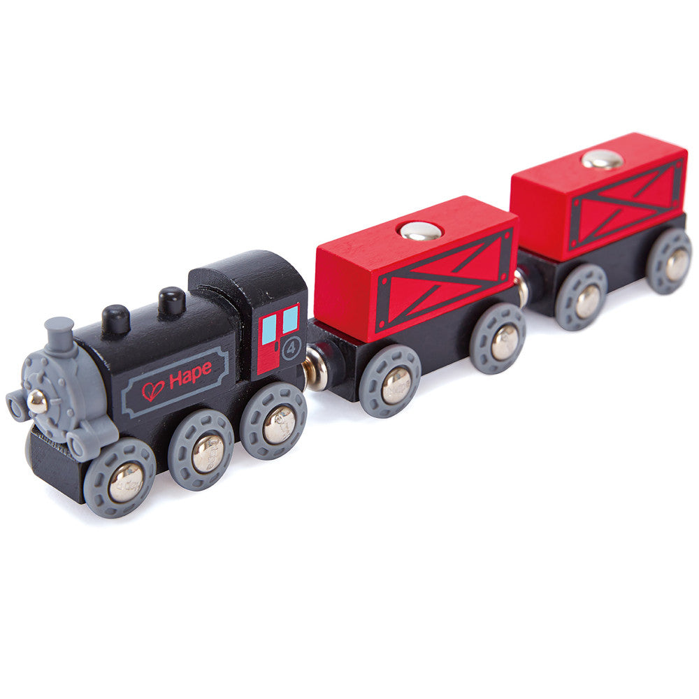 Hape: Steam-Era Freight Train - Red & Black - 3pc Wooden Locomotive Toy