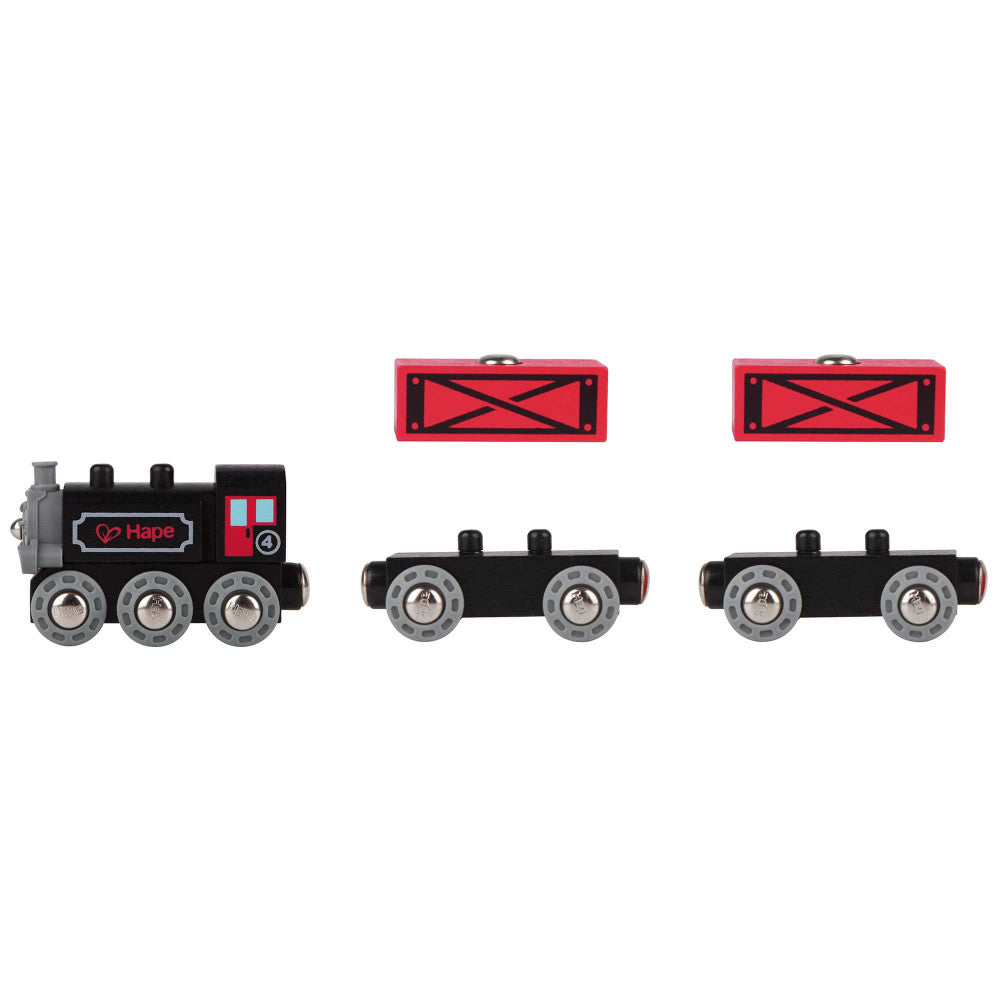 Hape: Steam-Era Freight Train - Red & Black - 3pc Wooden Locomotive Toy