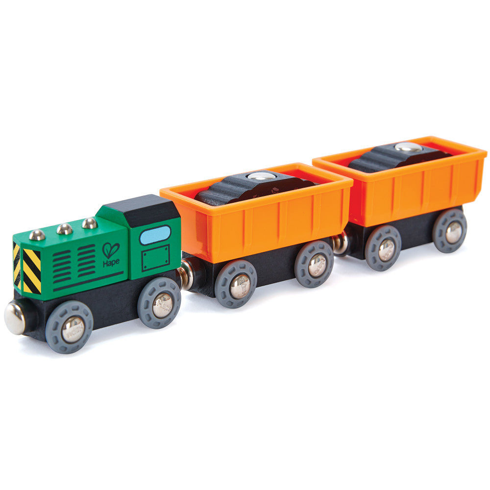 Hape: Diesel Freight Train- Green & Orange - 3pc Wooden Locomotive Toy