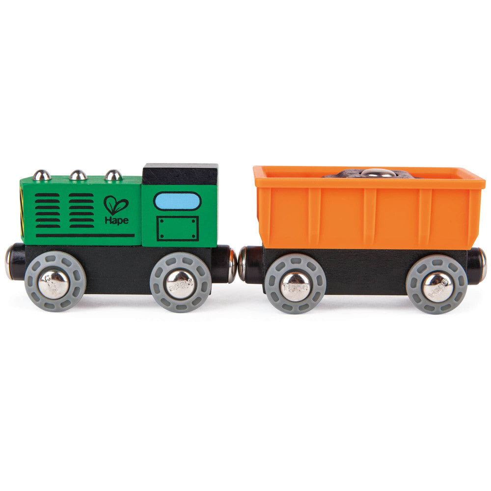 Hape: Diesel Freight Train- Green & Orange - 3pc Wooden Locomotive Toy