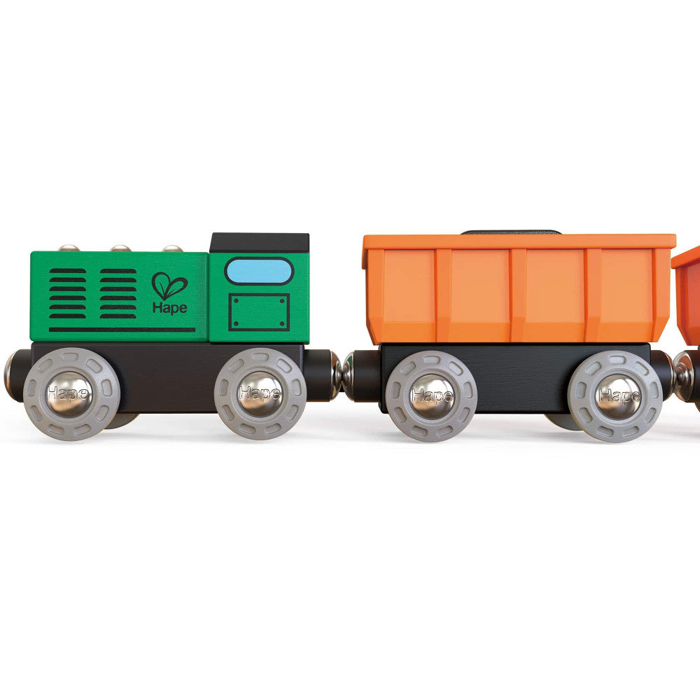 Hape: Diesel Freight Train- Green & Orange - 3pc Wooden Locomotive Toy