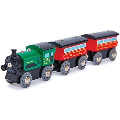 Hape: Steam-Era Passenger Train - Green & Red - 3pc Wooden Locomotive Toy