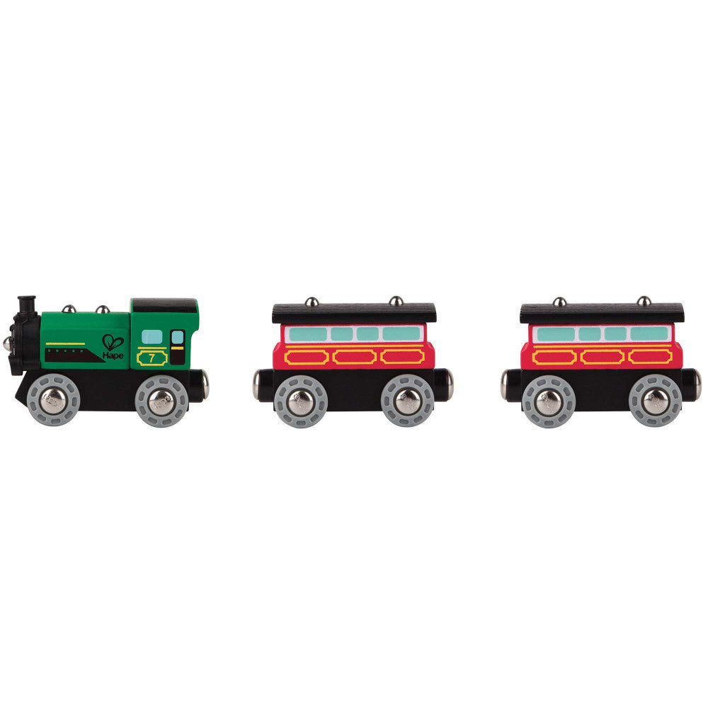 Hape: Steam-Era Passenger Train - Green & Red - 3pc Wooden Locomotive Toy