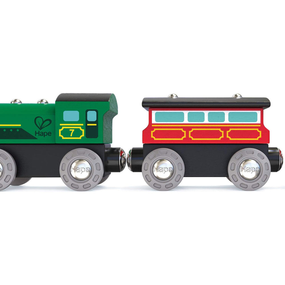 Hape: Steam-Era Passenger Train - Green & Red - 3pc Wooden Locomotive Toy