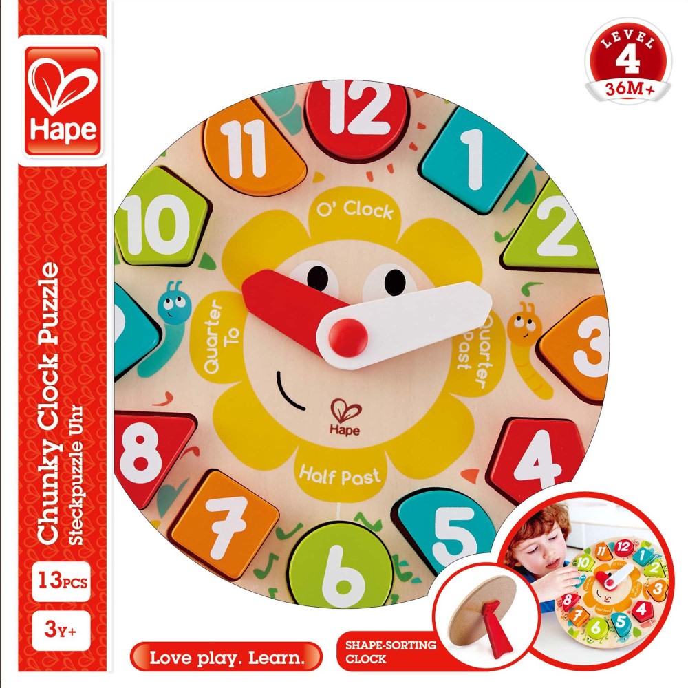 Hape: Learn The Time Bug Puzzle - 13pc Wooden Clock Puzzle