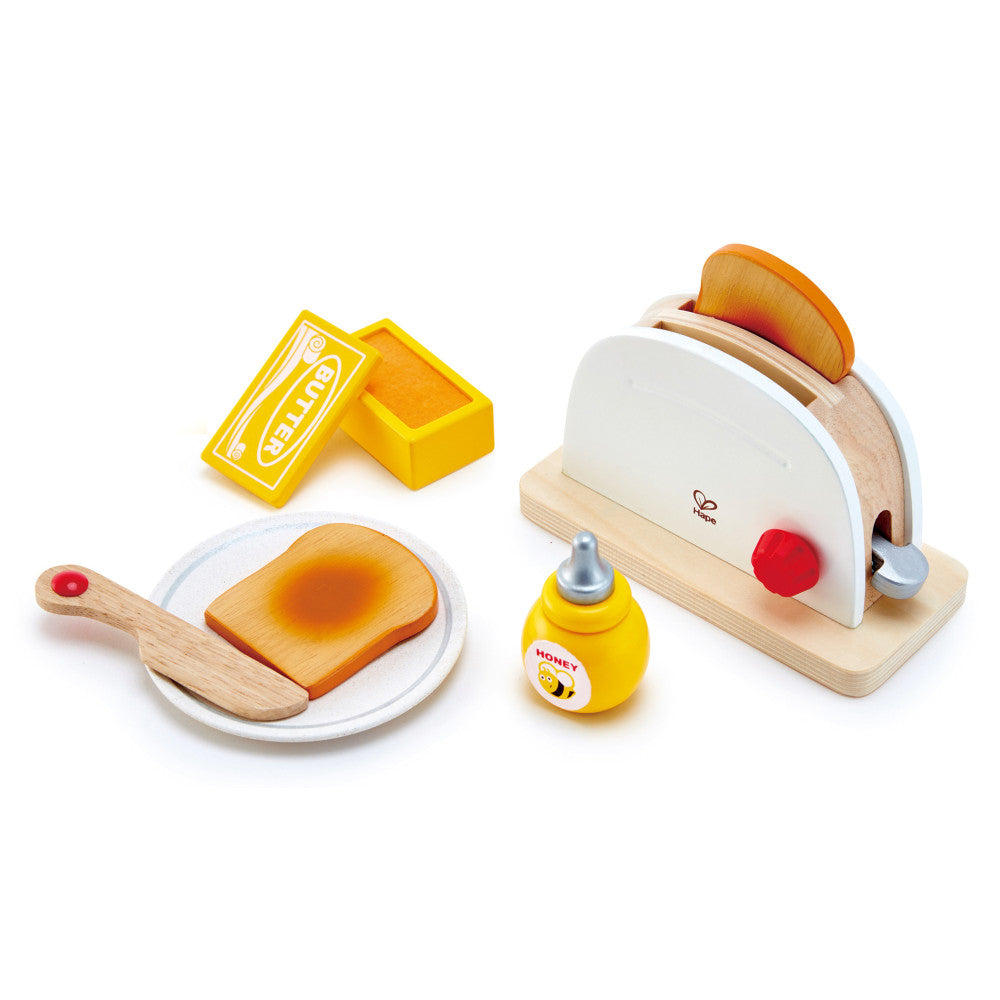 Hape Wooden Pop-Up Toaster Playset - 7 Piece Kitchen Pretend Play