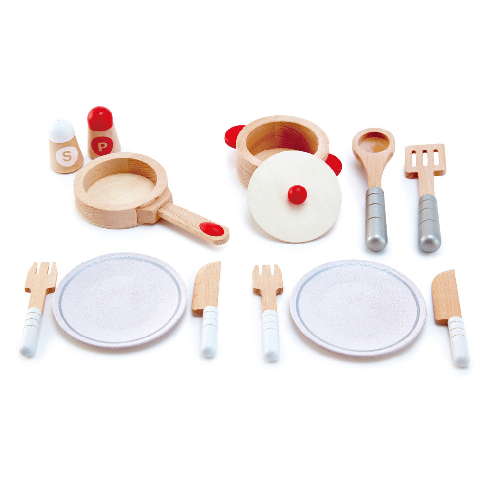 Hape Cook & Serve Set - 13-Piece Wooden Kitchen Playset for Kids