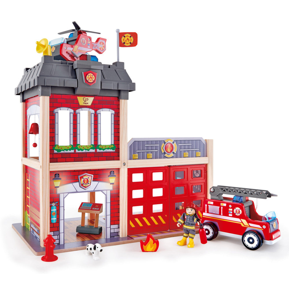 Hape City Fire Station Wooden Playset - 13 Pieces - Interactive Rescue Adventure