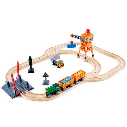 Hape: Crossing & Crane Set - 32pc Wooden Train Cargo Railroad Yard