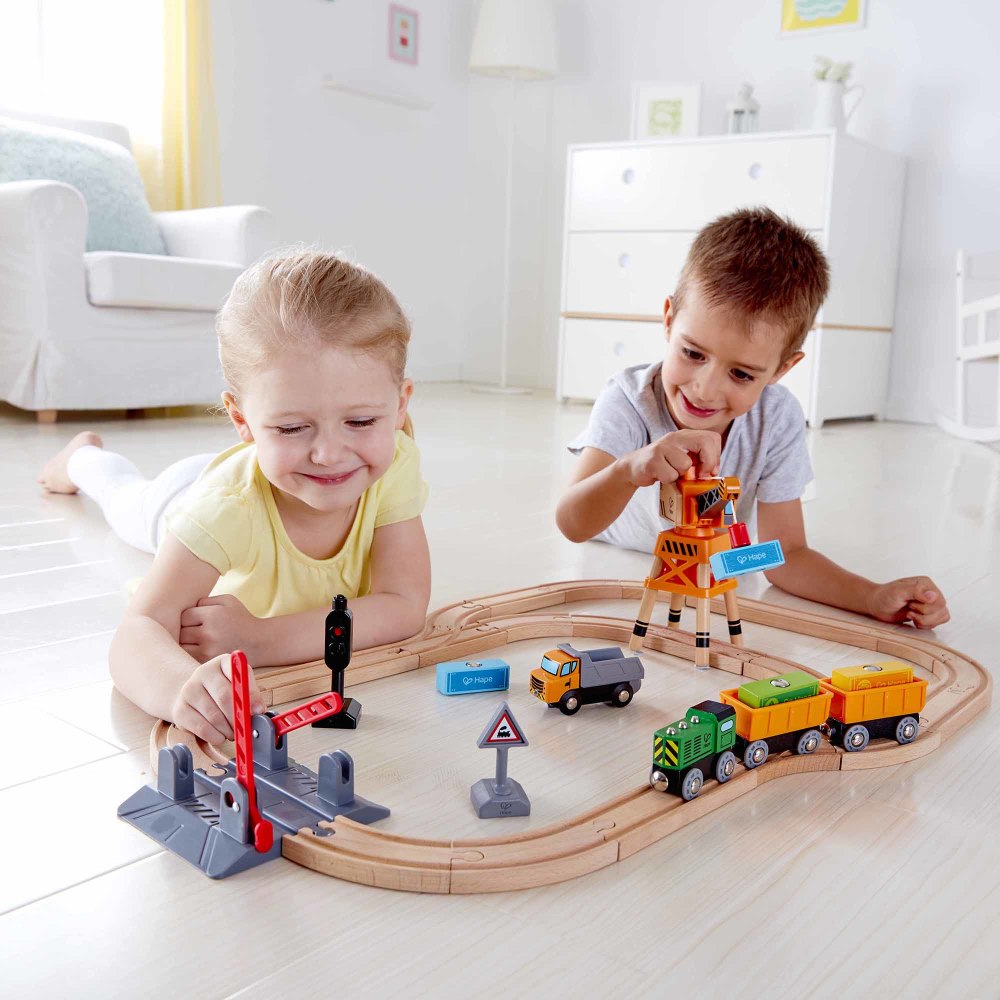 Hape: Crossing & Crane Set - 32pc Wooden Train Cargo Railroad Yard