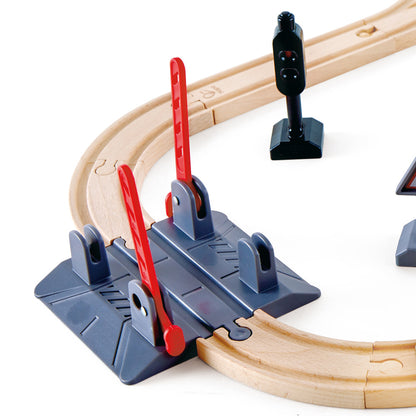 Hape: Crossing & Crane Set - 32pc Wooden Train Cargo Railroad Yard