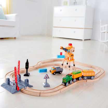 Hape: Crossing & Crane Set - 32pc Wooden Train Cargo Railroad Yard