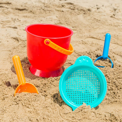 Hape: Beach Basics - 4pc Playset Includes Bucket Sifter, Rake & Shovel Toys