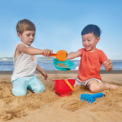 Hape: Beach Basics - 4pc Playset Includes Bucket Sifter, Rake & Shovel Toys