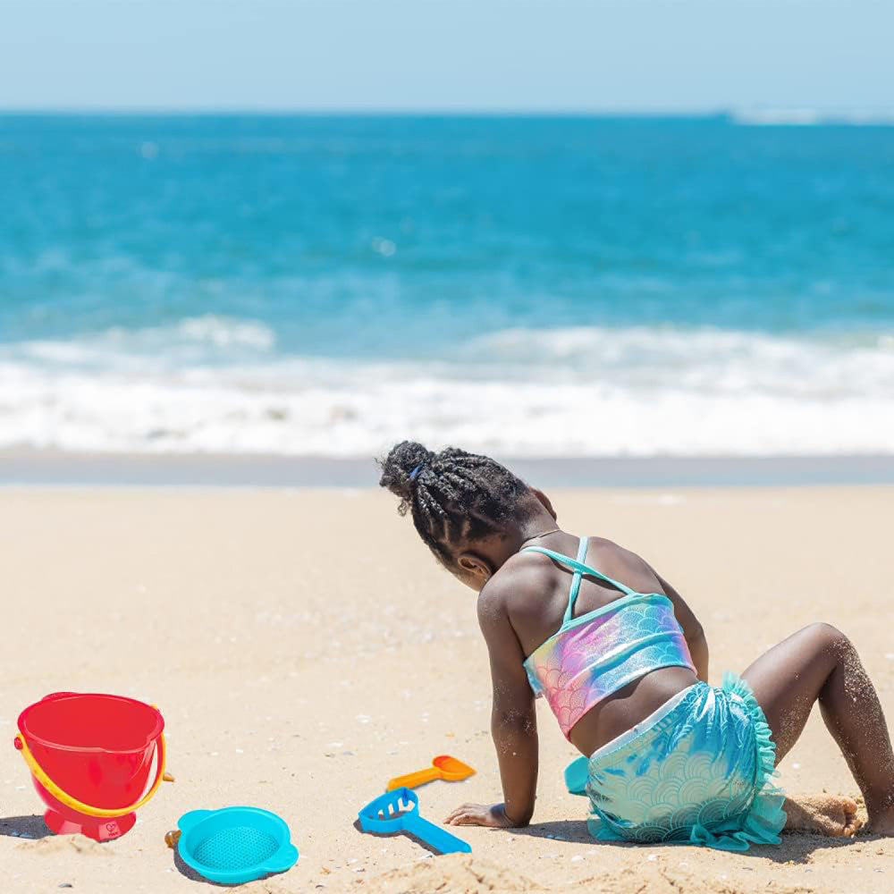 Hape: Beach Basics - 4pc Playset Includes Bucket Sifter, Rake & Shovel Toys