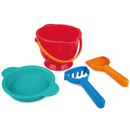 Hape: Beach Basics - 4pc Playset Includes Bucket Sifter, Rake & Shovel Toys