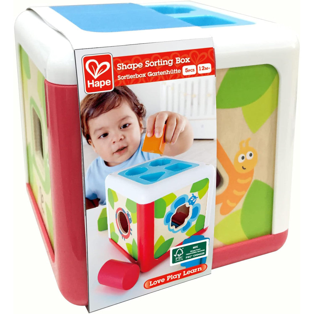 Hape: Shape Sorting Box - Wooden Toy Cube, 4 Shape Blocks