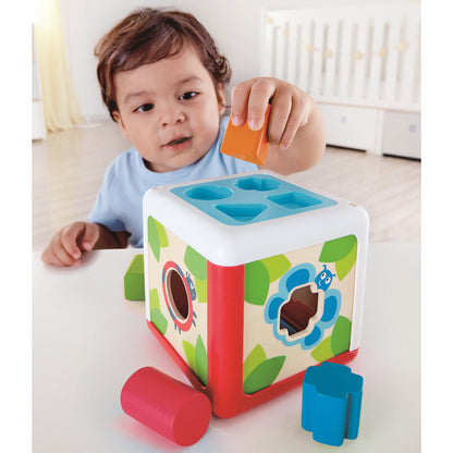 Hape: Shape Sorting Box - Wooden Toy Cube, 4 Shape Blocks