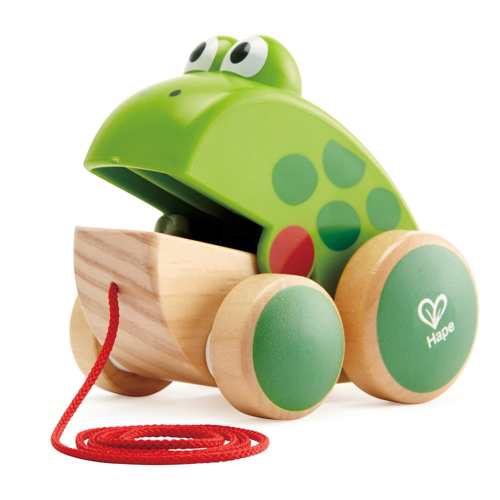 Hape: Pull Along Frog - Wooden Green Toy W/ Open & Close Mouth