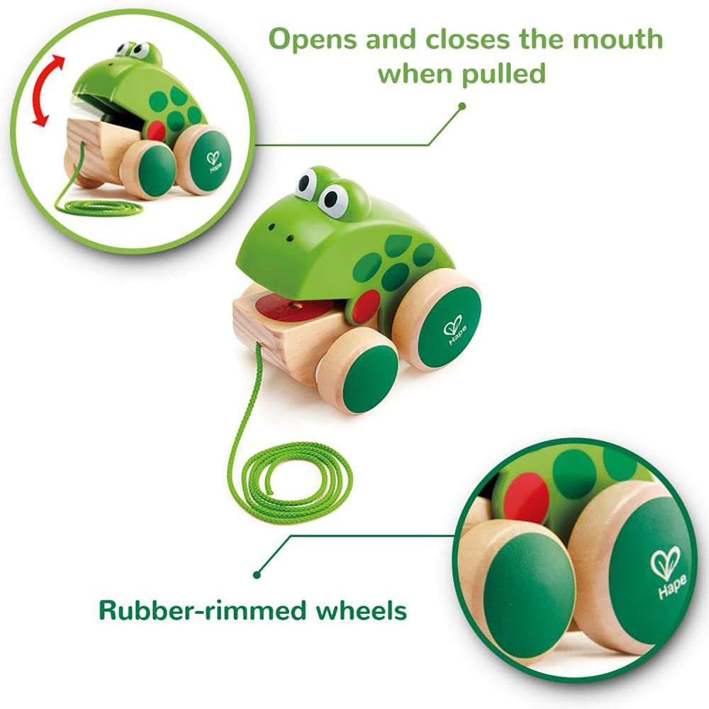 Hape: Pull Along Frog - Wooden Green Toy W/ Open & Close Mouth