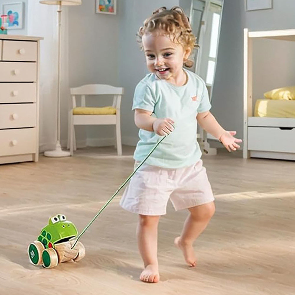 Hape: Pull Along Frog - Wooden Green Toy W/ Open & Close Mouth