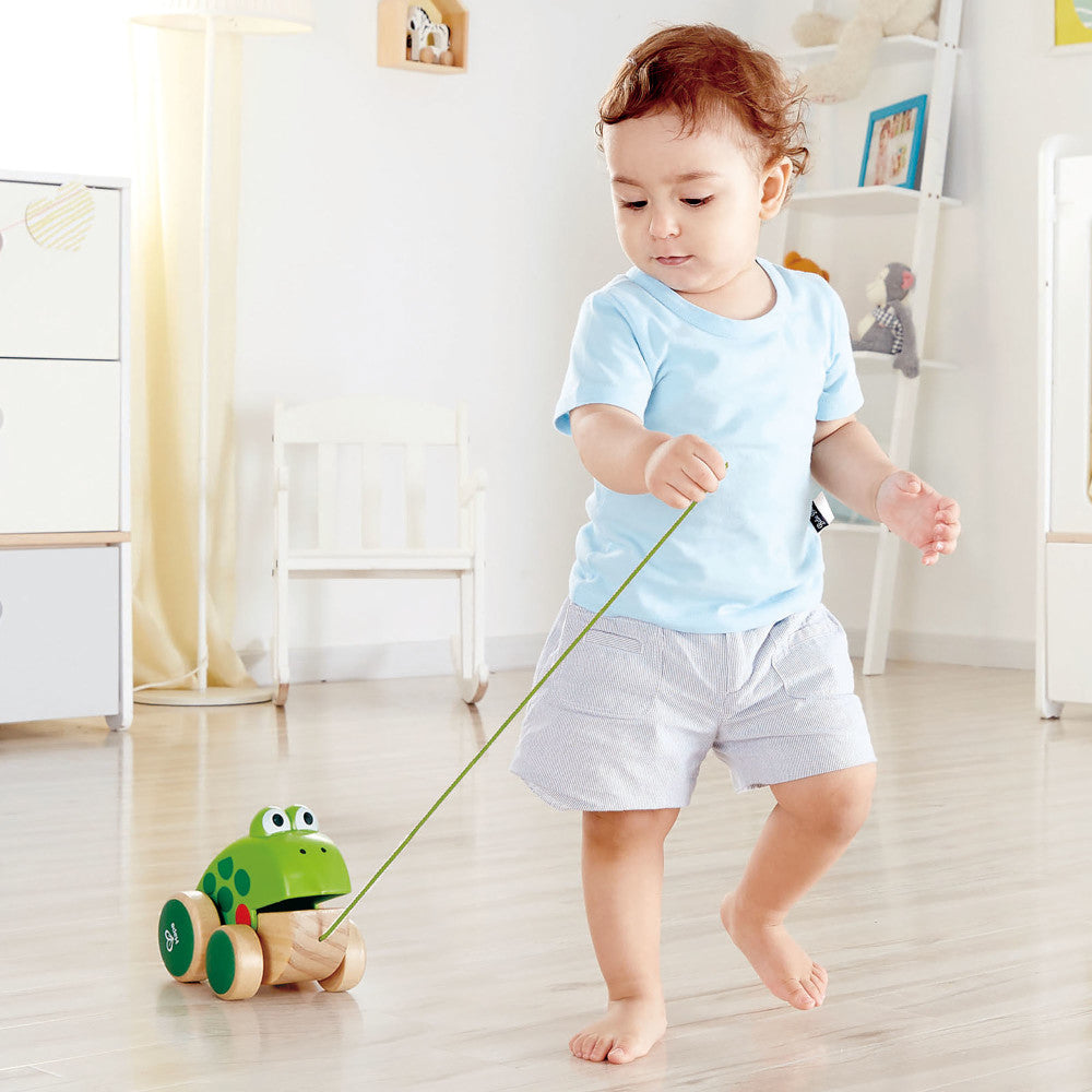 Hape: Pull Along Frog - Wooden Green Toy W/ Open & Close Mouth