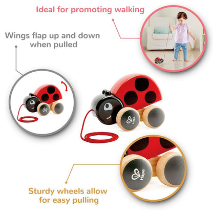 Hape: Pull Along Ladybug - Red & Black, Wooden Toy w/ Moving Wings