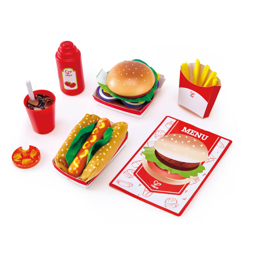 Hape Wooden Fast Food Kitchen Playset - 27 Piece Set