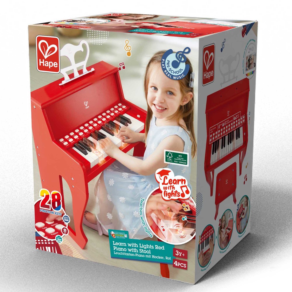 Hape: Learn With Lights Piano w/ Stool - Red - Wooden Electric Musical Toy