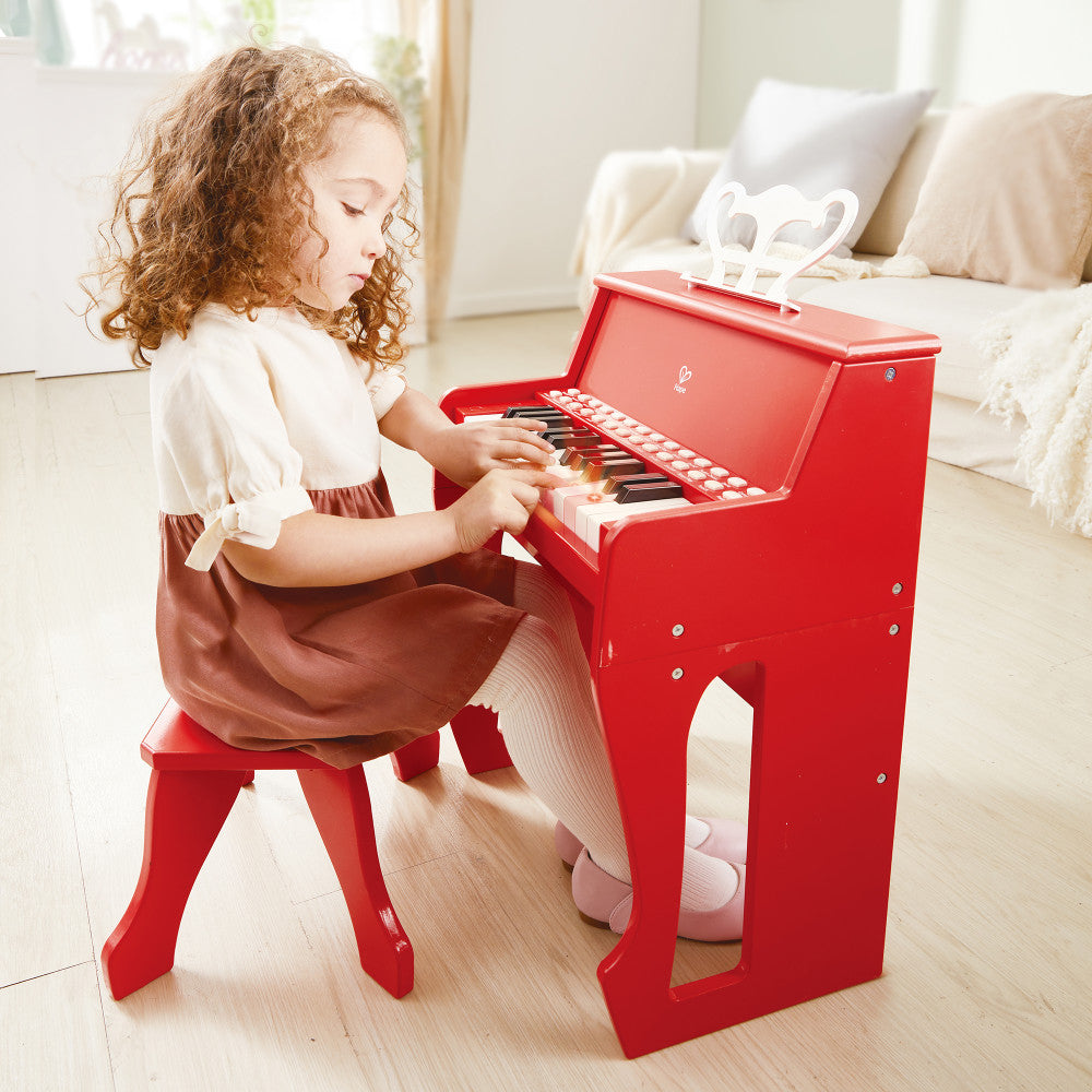 Hape: Learn With Lights Piano w/ Stool - Red - Wooden Electric Musical Toy