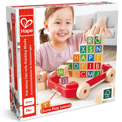 Hape: Pull-Along Cart With Stacking Blocks - Wooden Toy