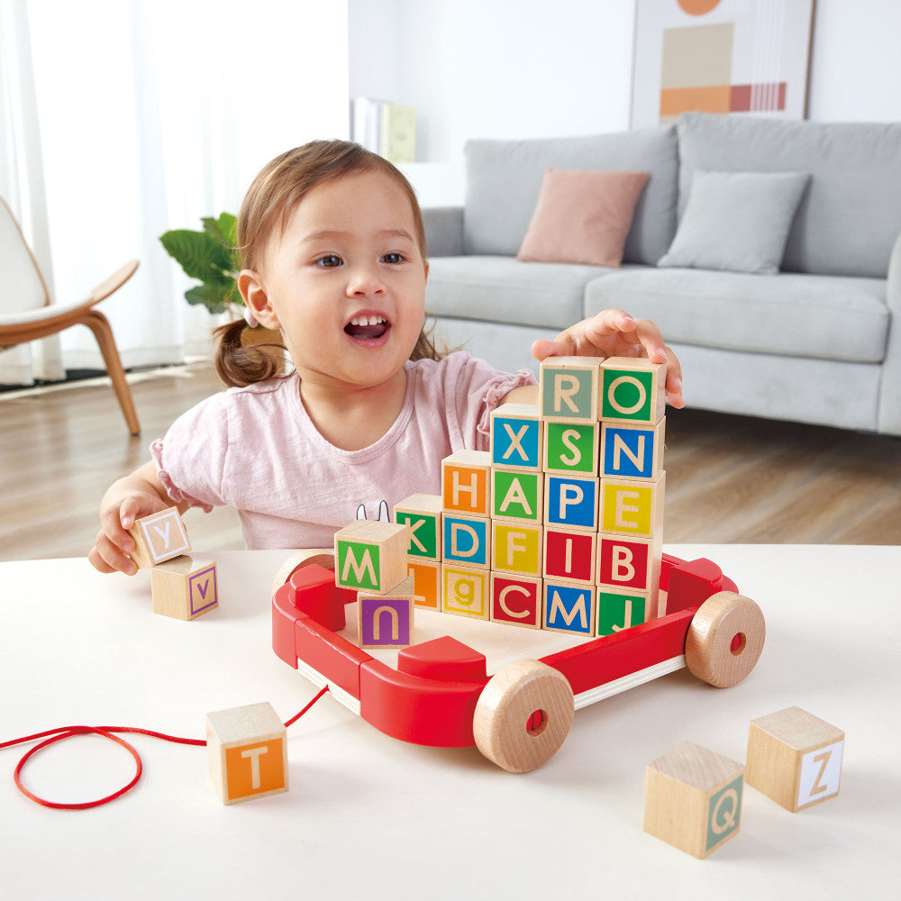 Hape: Pull-Along Cart With Stacking Blocks - Wooden Toy