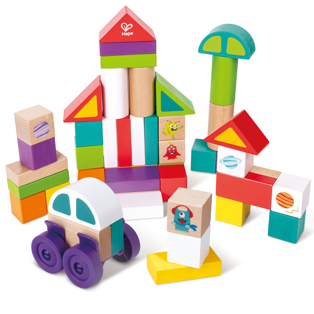 Hape: Space Monster Stacking Blocks - 54pc Wooden Colorful Various Shapes Set