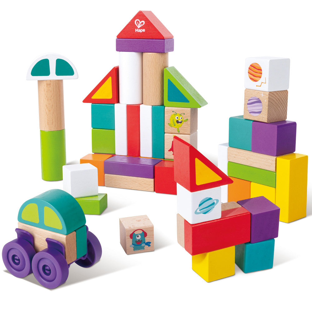 Hape: Space Monster Stacking Blocks - 54pc Wooden Colorful Various Shapes Set