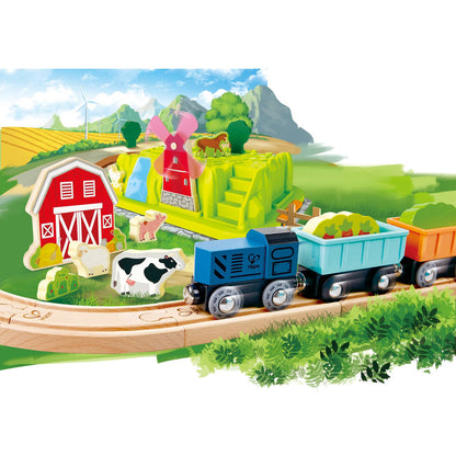 Hape: Farmyard Train Bucket Set - Wooden Train Animal Set