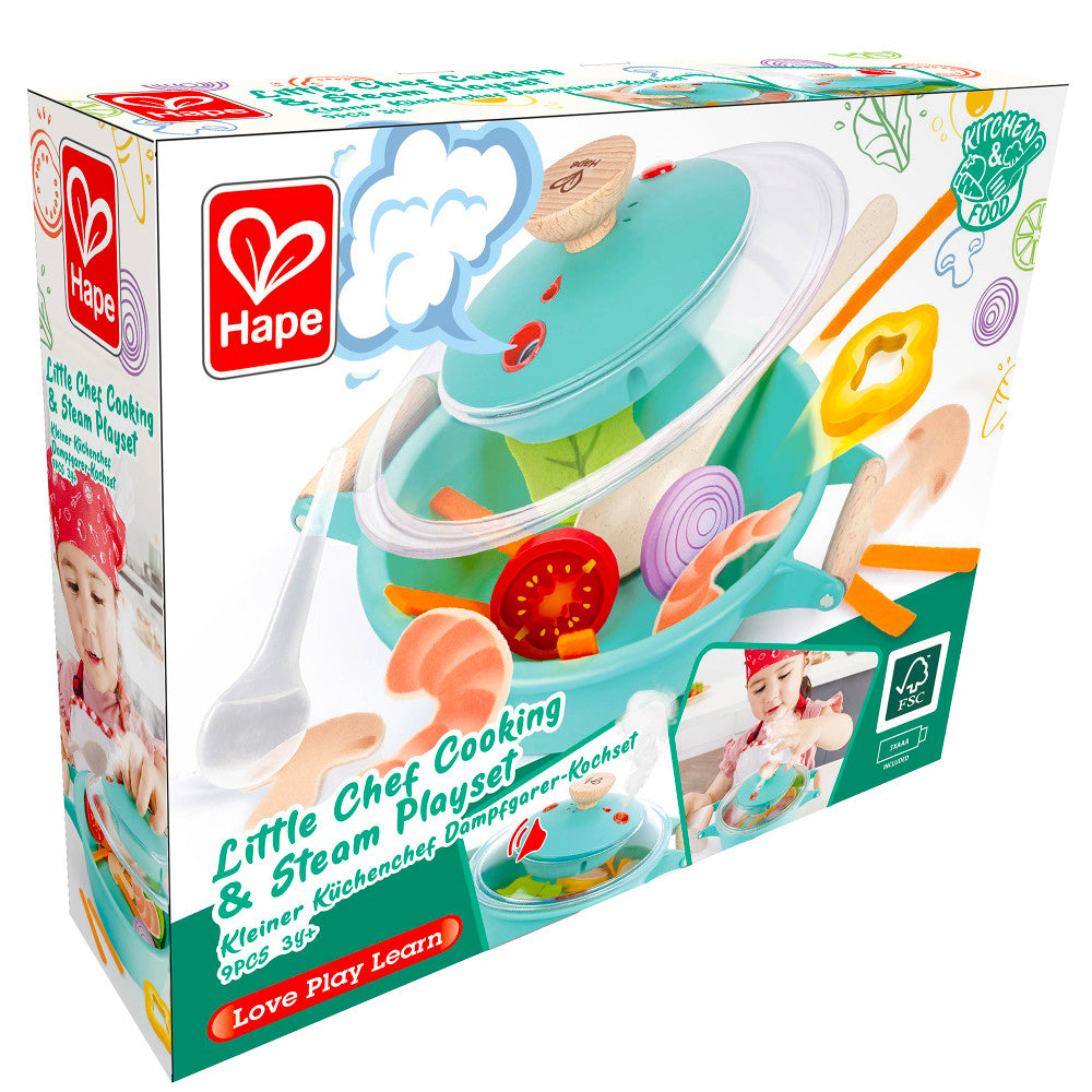 Hape: Little Chef Cooking & Steam Playset - 9pc Teal Wooden Kitchen Food Toy