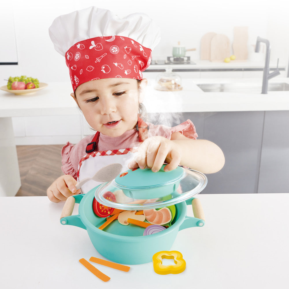 Hape: Little Chef Cooking & Steam Playset - 9pc Teal Wooden Kitchen Food Toy