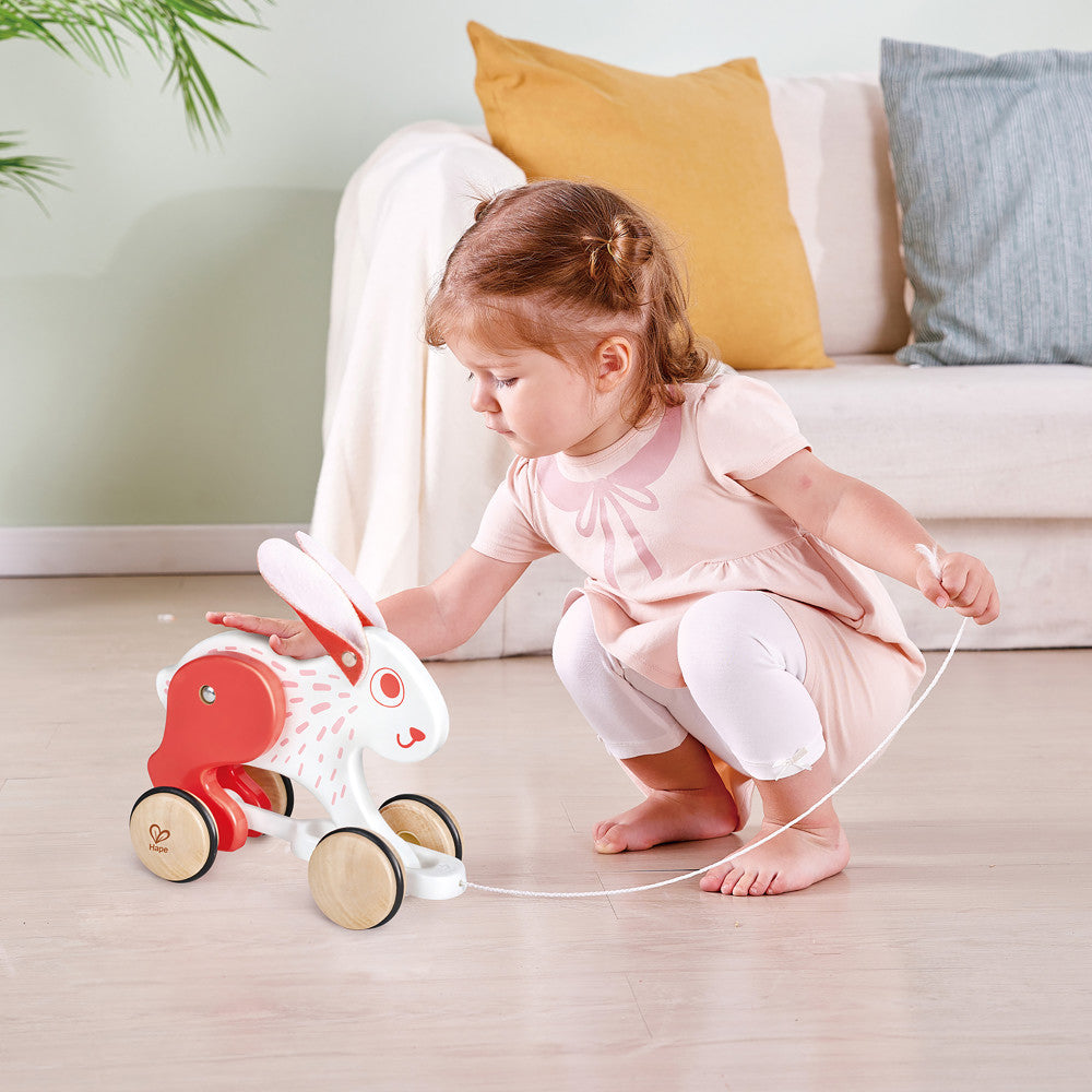 Hape: Pull Along - Bunny - White & Red - Wooden Animal Toy