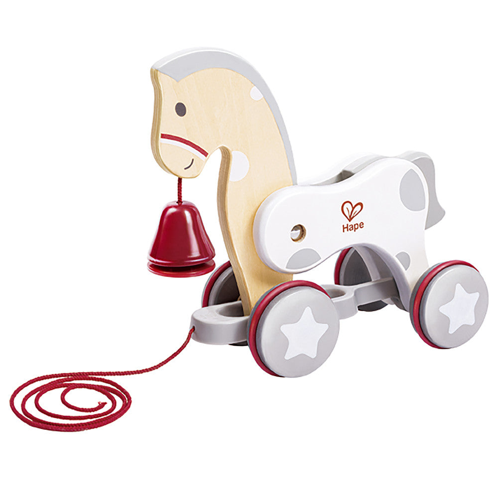 Hape: Pull Along Pony - White & Red - Wooden Toy, Moving Head & Bell