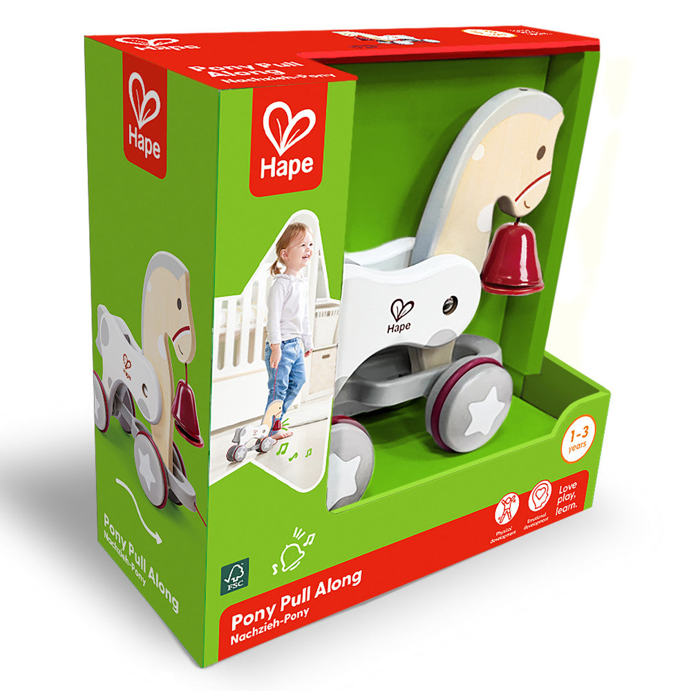 Hape: Pull Along Pony - White & Red - Wooden Toy, Moving Head & Bell