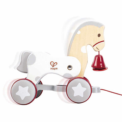 Hape: Pull Along Pony - White & Red - Wooden Toy, Moving Head & Bell