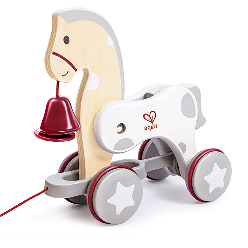 Hape: Pull Along Pony - White & Red - Wooden Toy, Moving Head & Bell