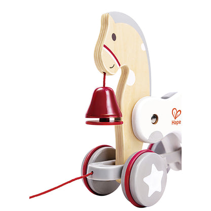 Hape: Pull Along Pony - White & Red - Wooden Toy, Moving Head & Bell