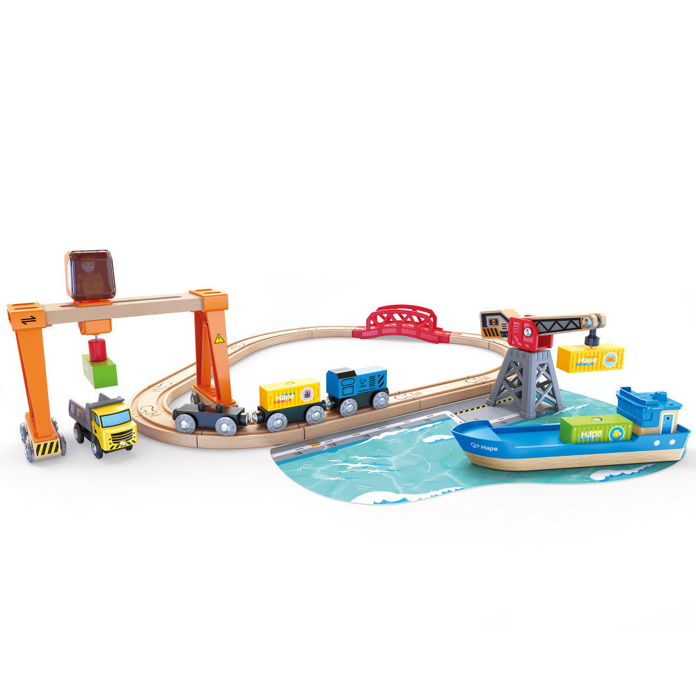 Hape: Lift & Load Harbor Set - 25 pc Land & Water Wooden Train Toy Playset