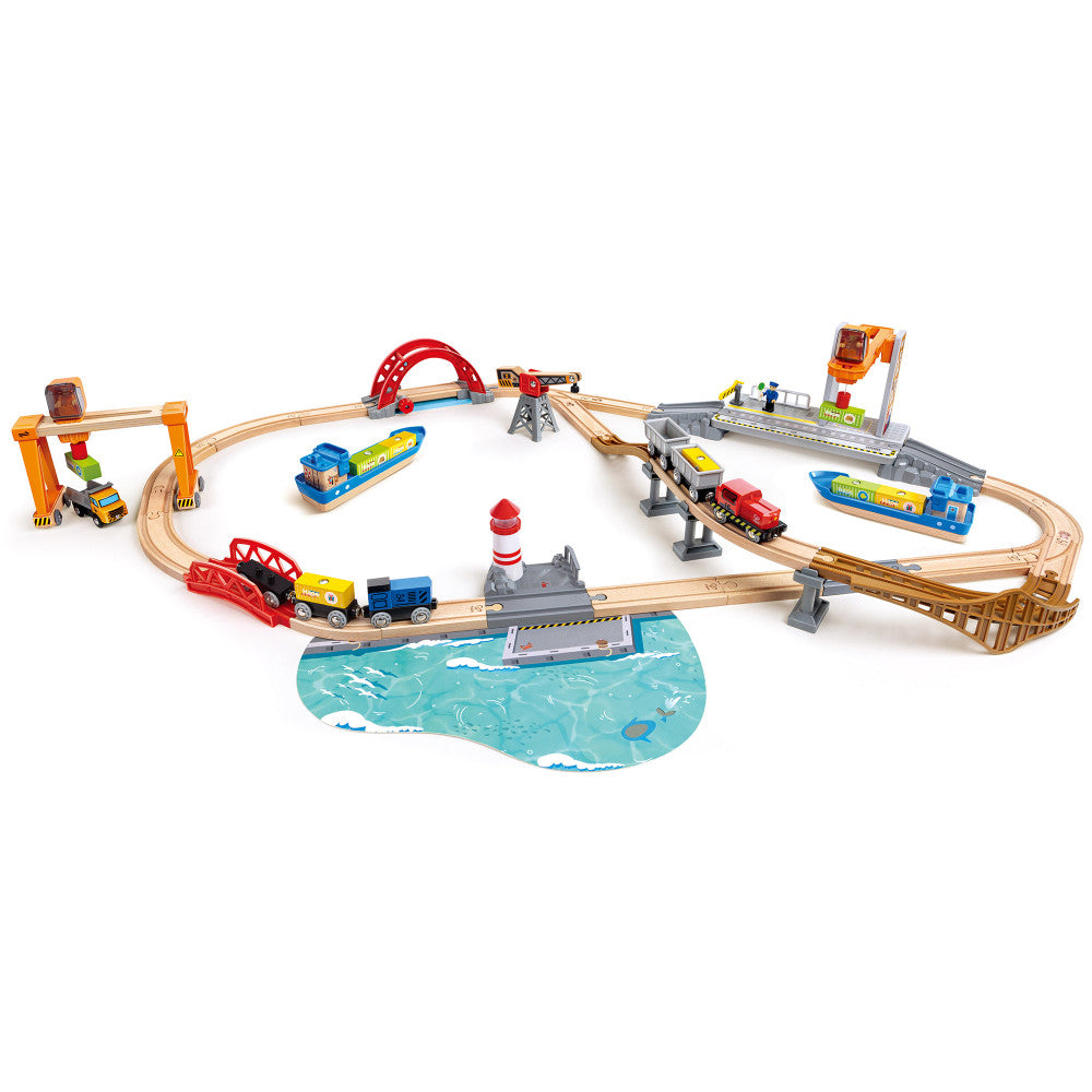 Hape: Lift & Load Harbor Set - 25 pc Land & Water Wooden Train Toy Playset