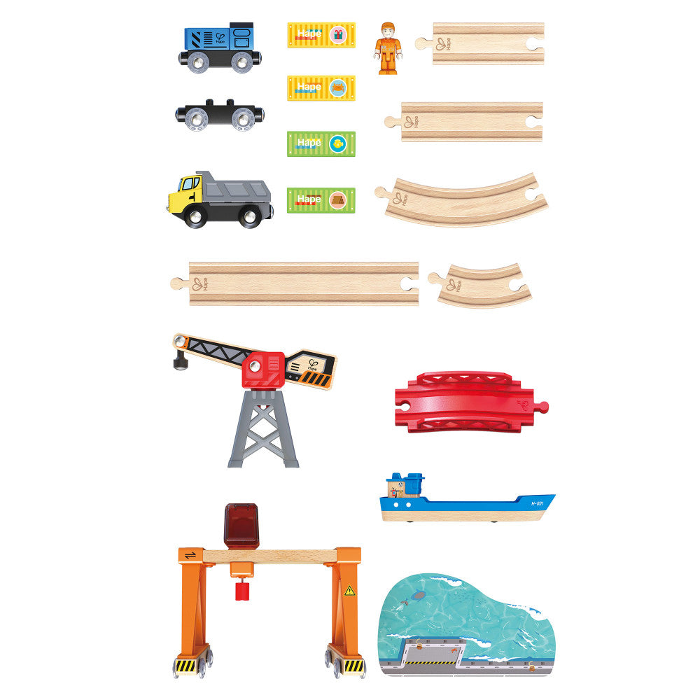 Hape: Lift & Load Harbor Set - 25 pc Land & Water Wooden Train Toy Playset