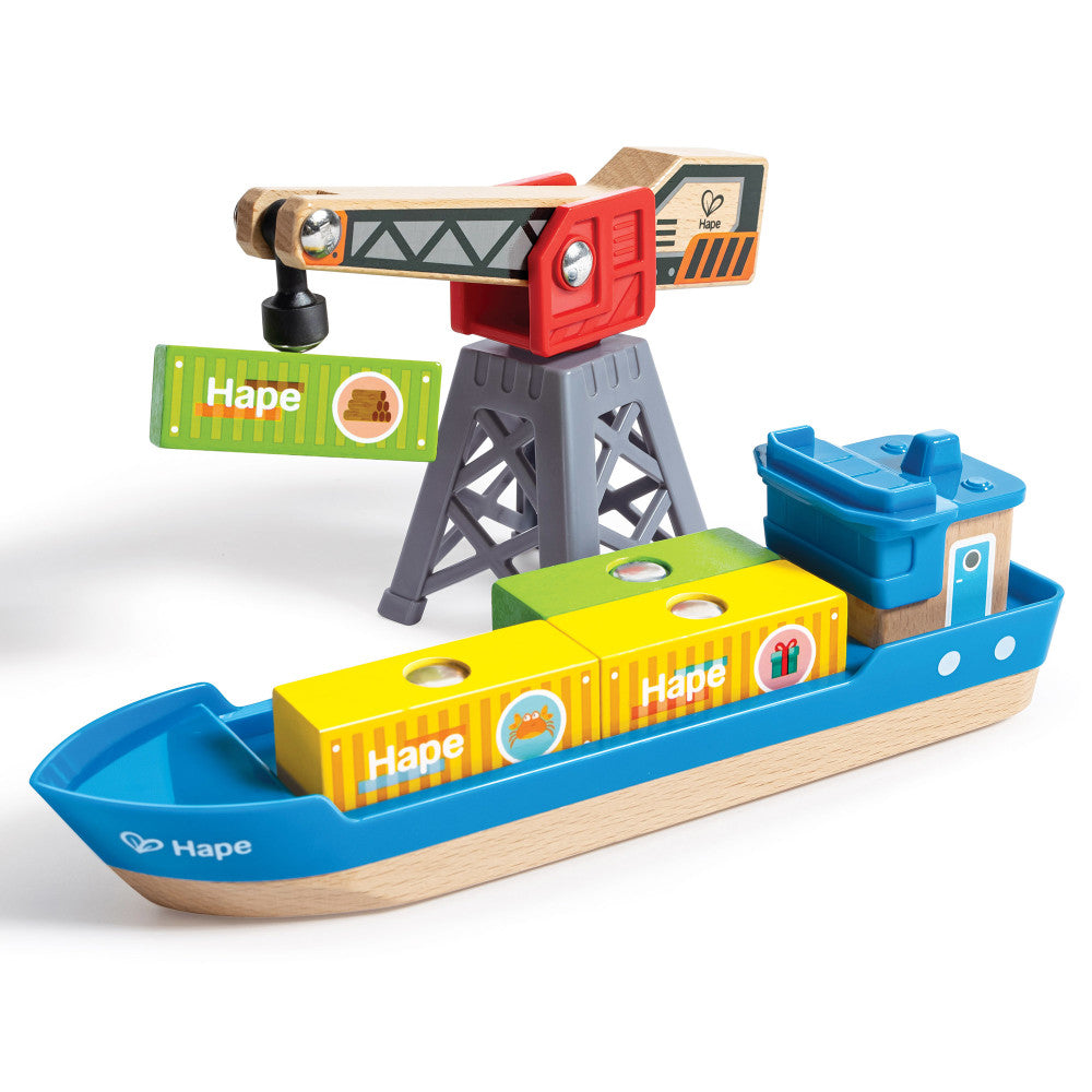 Hape: Lift & Load Harbor Set - 25 pc Land & Water Wooden Train Toy Playset