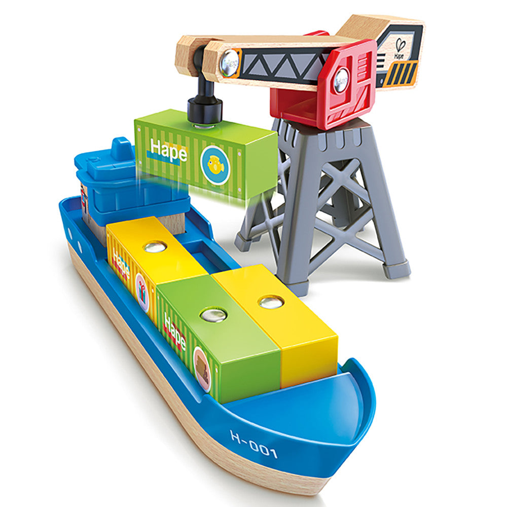 Hape: Cargo Ship & Crane - 6 pc Train Playset, Functional Crane